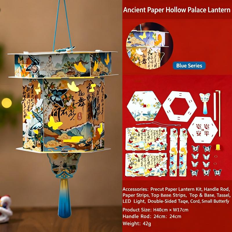 Handheld Traditional Chinese Paper Lantern DIY Material Kit with LED Light for Mid-Autumn Lantern Festival Decor