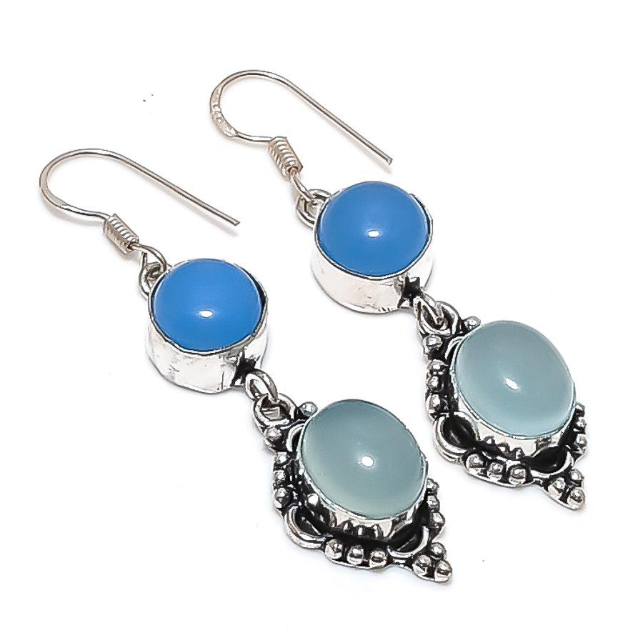 Natural Aqua Chalcedony, Chalcedony 925 Sterling Silver Earring 2.25" p8s28