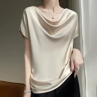 Women's Spring and Summer Solid Color Short-sleeved Stacked Collar T-shirt Temperament and Elegant Tops
