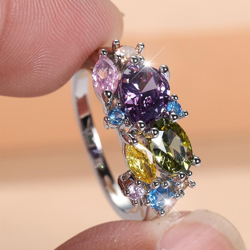 Anillos de circonita cúbica de colores de moda para mujer, anillo de dedo de color plateado, joyería para fiesta de cóctel y festival, regalo
