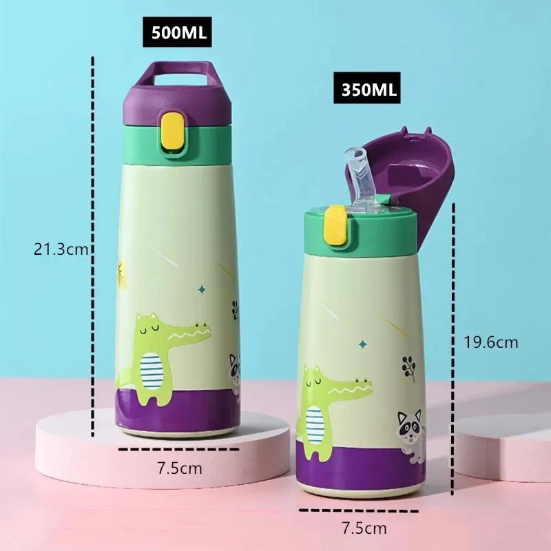500ml Stainless Steel Kids Straw Thermos Mug With Case Cartoon Leak-Proof Vacuum Flask Children Thermal Water Bottle Thermocup
