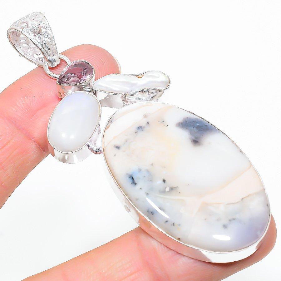 

Natural Dendrite Opal, Pink Kunzite 925 Sterling Silver Pendant 2.96 D4j91