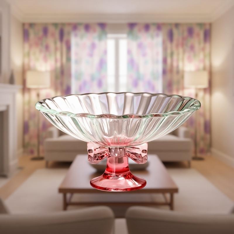 Handmade Clear Glass Serving Platter Decorative Bowknot Detailing And Elevated Base Great For Gift Giving