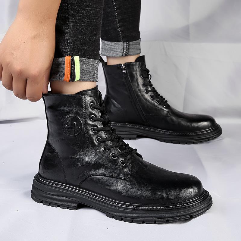 Men's Winter Leather Martin Boots: Trendy High-Top with Thick Sole, Retro British Style, Plus Velvet.