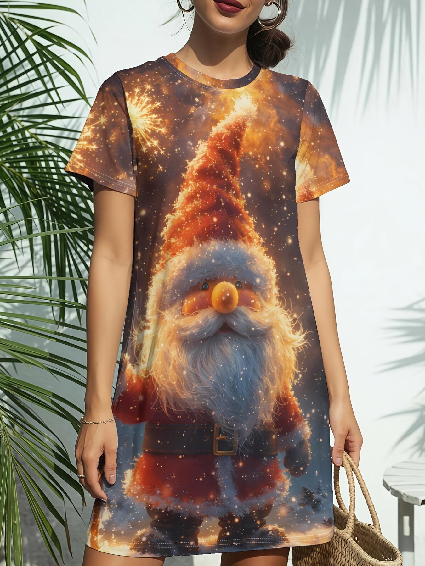 

Gnome Christmas Art New Women S Round Neck Short Sleeve T-Shirt Dress. American Style Trendy Digital Print. Versatile for Spring And Summer Casual Wea XS дубильная кора