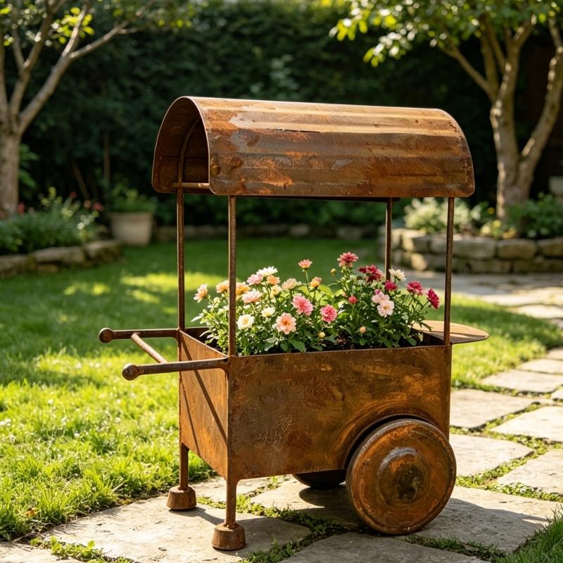 Antique Styles Metal Flower Pot Cart With Antique Finish Perfect For Patios And Yard Decoration Lawn Ornament Display