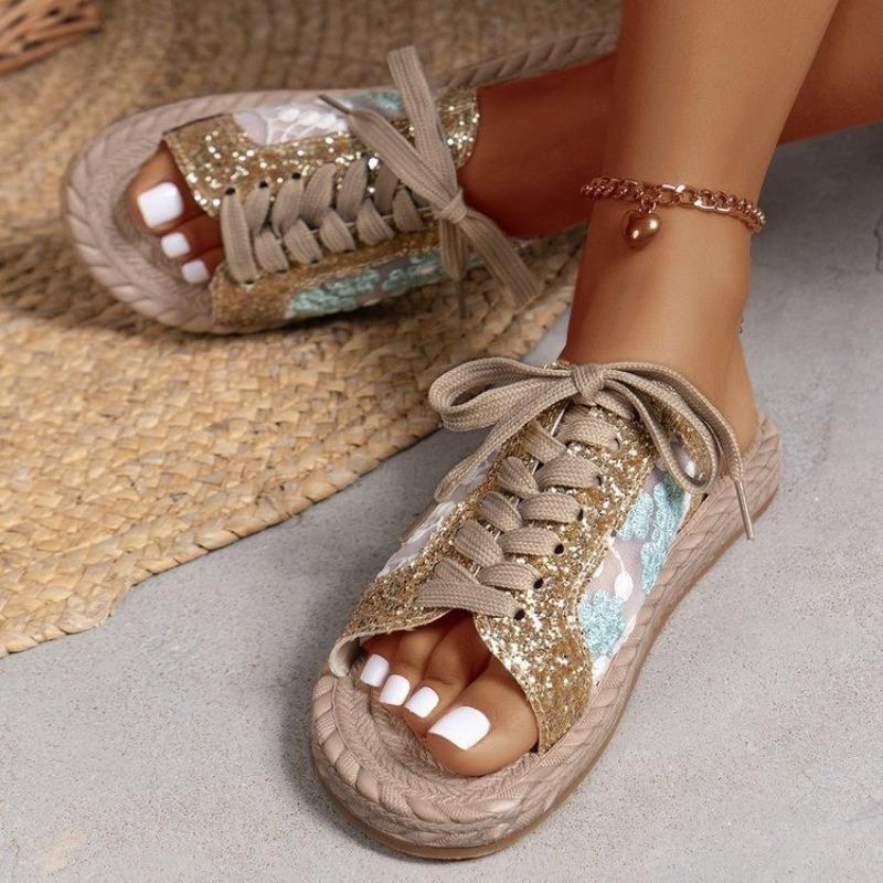 Women's Sequin Mesh Embroidered Lace-Up Open Toe Flat Sandals, Fashion Plus Size