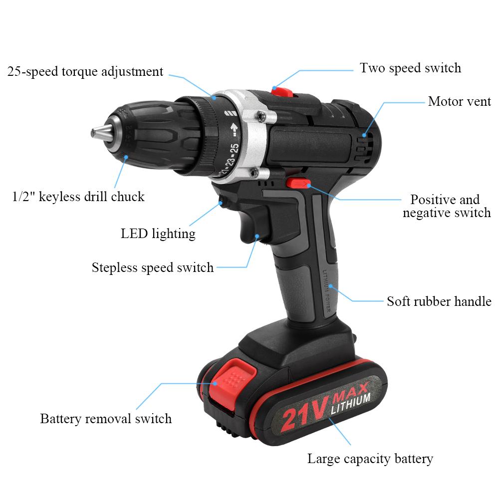 21V Multifunctional Electric   Cordless Drill High-power Lithium Battery Wireless Re able Hand Drills Home   Electric Power Tools