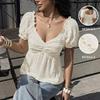 New soft and girlish style solid-color v-neck jacquard pleated puff-sleeve top