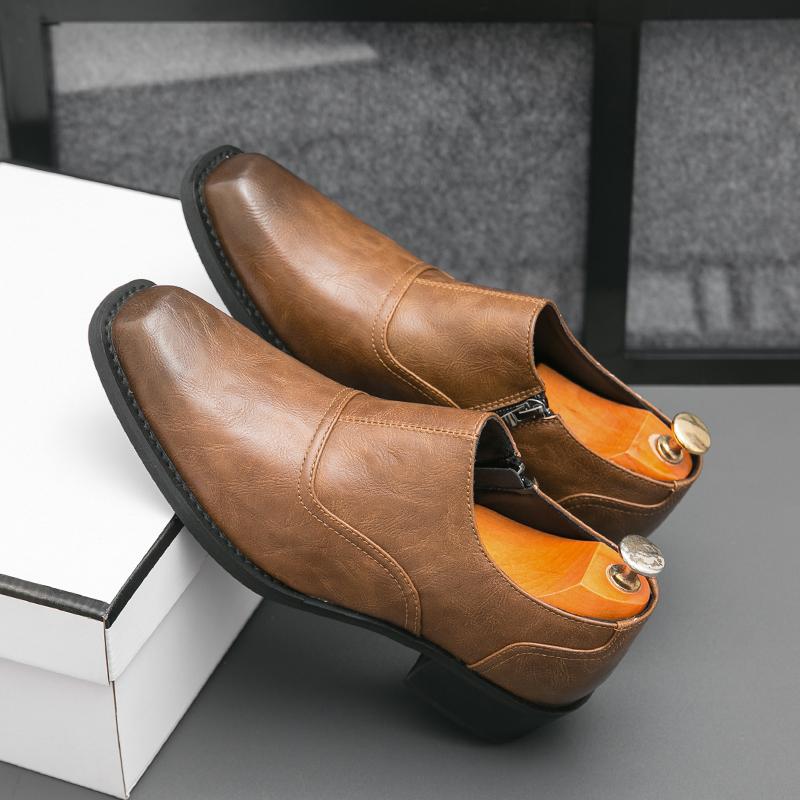 Men Derby Shoes Square Head Classic Fashion Busines Loafers Dress Leather Shoes Black Slip-On Moccasins Casual Zipper High Heels