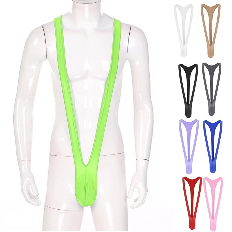 Mens Mankini Swimsuit M-XL Glossy - Bulge Pouch Thong V-Shaped Suspender Bodysuit Swimwear Underwear