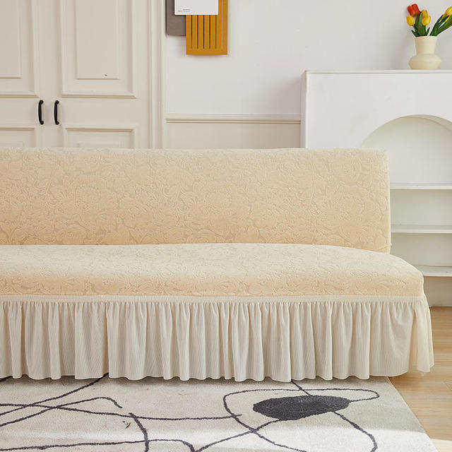 Velvet Jacquard Flower Grid Armless Sofa Cover Washable Elastic Slipcover Fitted Couch Bed Cover With Skirt