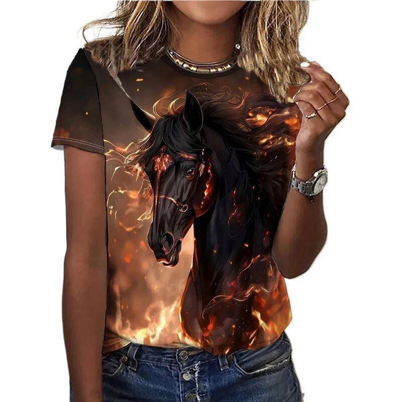 Haut décontracté à manches courtes et col rond avec imprimé animal cheval pour femme