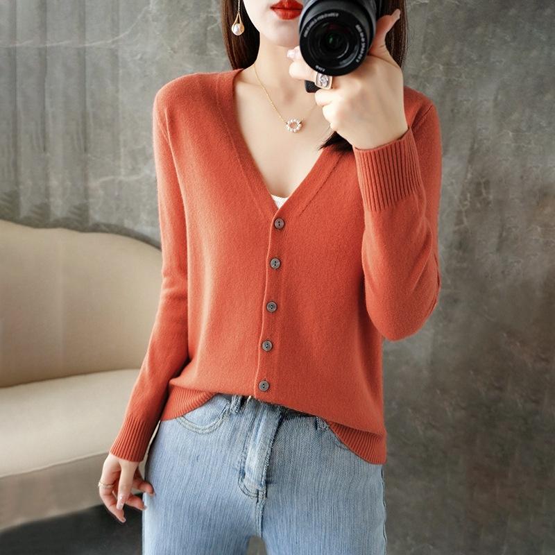 Chic Casual V-Neck Cardigan - Comfortable Micro-Elastic Knitwear, Versatile Solid Color with Button-Up Design for Spring/Fall Women's Fashion