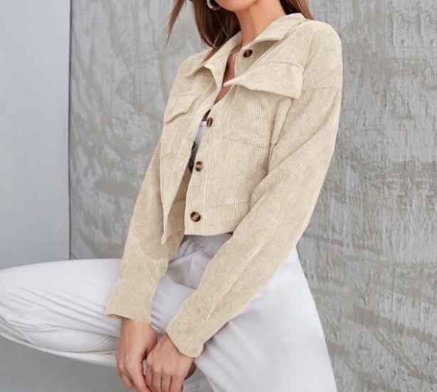 Women's Long Sleeve Corduroy Jacket Lapel Pocket Button Cropped Casual Outerwear