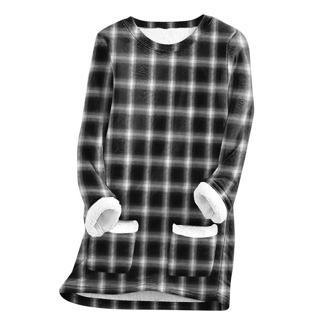 Women's Fashion Plaid Print Round Neck Long Sleeve Plush Winter Warm Pullover Top