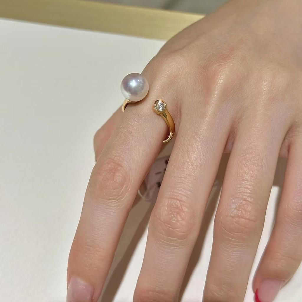 Very Simple Pearl Diamond Ring, Round And Flawless, Small Light Bulb, Light Luxury, High-End Gold Diamond Ring For Women