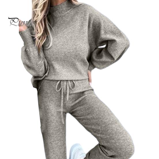 Solid Color 2 Pcs/Set Women Tracksuit Loose Half Turtleneck Casual Elastic Waist Keep Warm Drawstring Sportwear Sweatshirt Sweatpants Suit