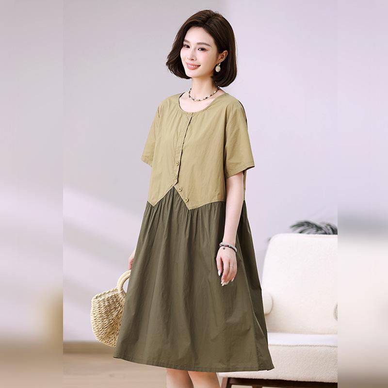 

Мамин летний образ 2025 года в стиле колор-блок, состоящий из двух частей, хлопковое свободное платье миди XXL хаки