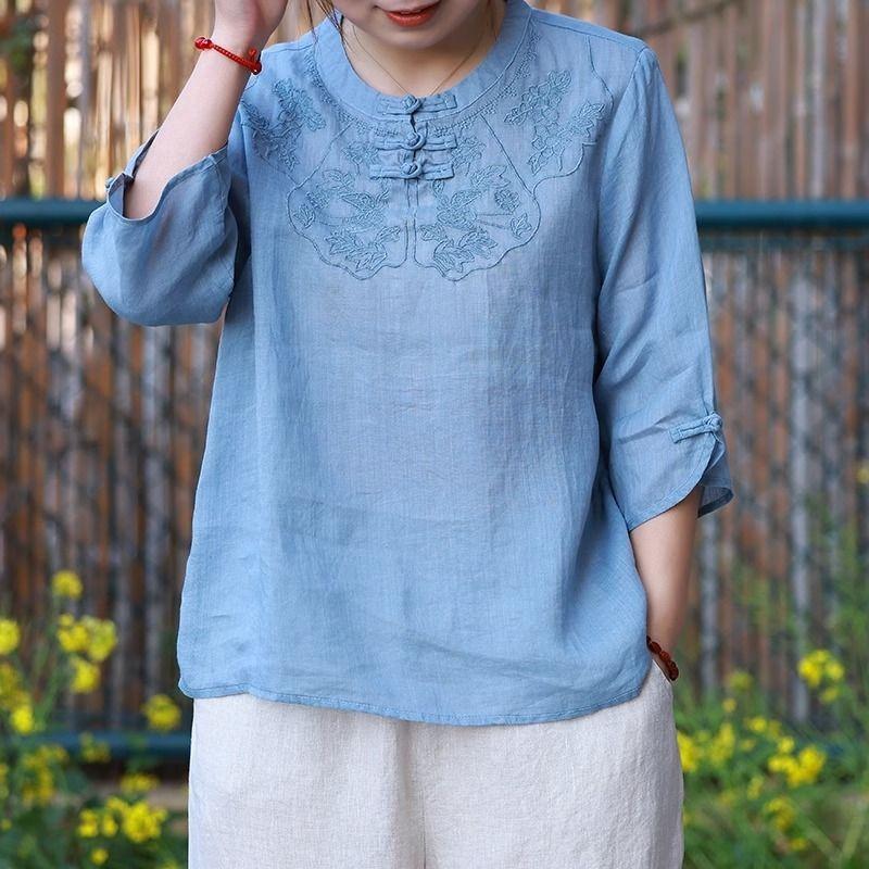 Blusa de Lino y Algodón para Mujer, Estilo Chino, Botón de Rana, Bordado Floral, Manga Tres Cuartos