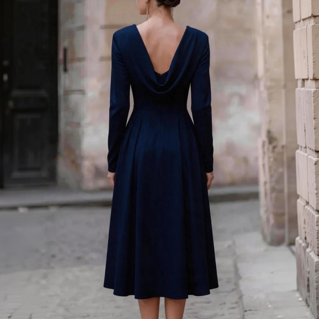 Damen Satin Langarm Midi Kleid mit Wasserfall-Ausschnitt und tailliertem Bund für Abendparty Formelle Anlässe
