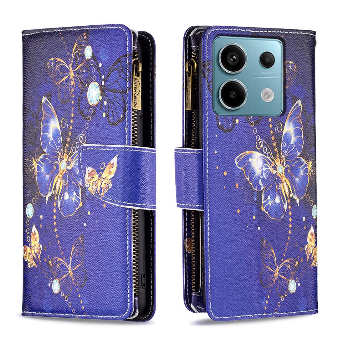 

BF03 For Xiaomi Redmi Note 13 Pro 5G/Poco X6 5G Zipper Wallet Case PU Leather Pattern Printing Phone Cover Purple Butterflies