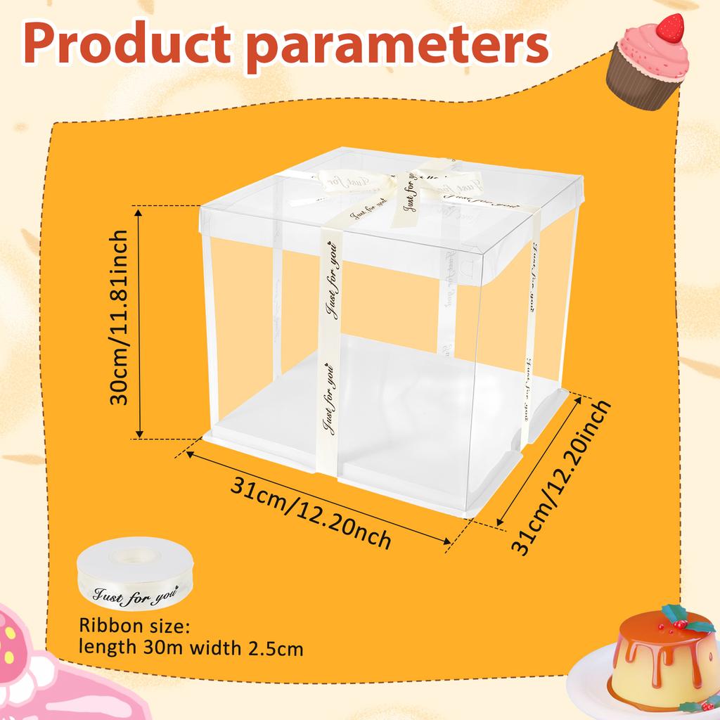 2Pcs Transparent Packing Box PVC Cake Boxes with Base and Ribbon Bakery Wrapping Boxes Wedding Birthday Party Supplies