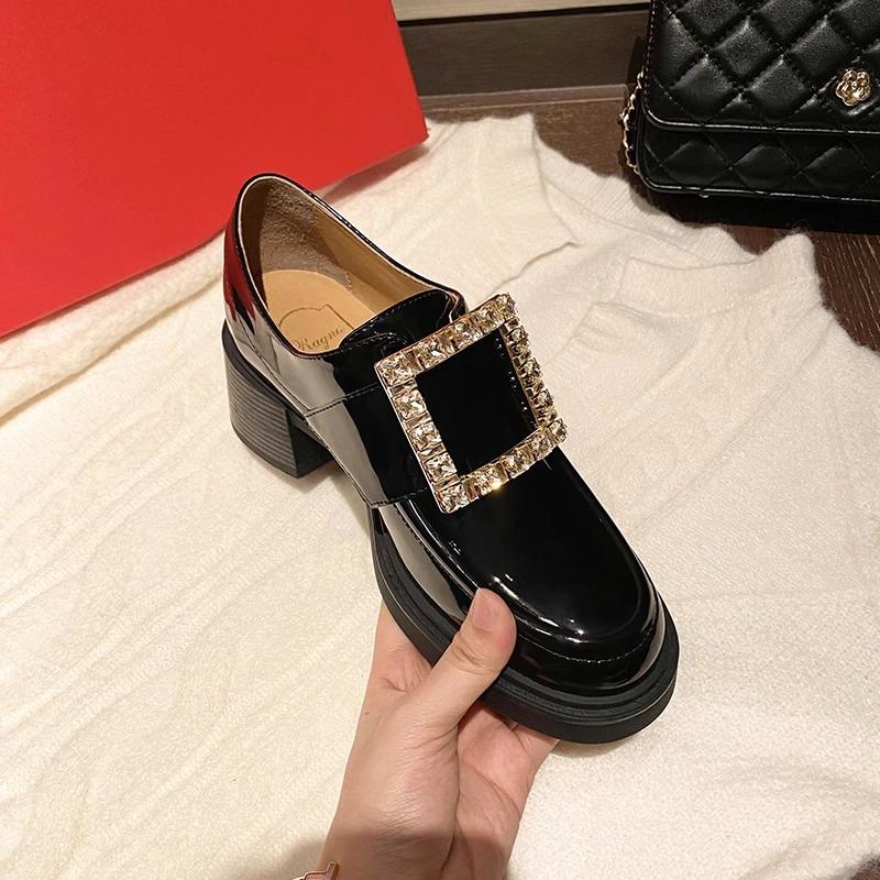 Square Buckle Platform Loafers Women's 2025 New Autumn Leather Thick High Heel Black High-end British Style Small Leather Shoes