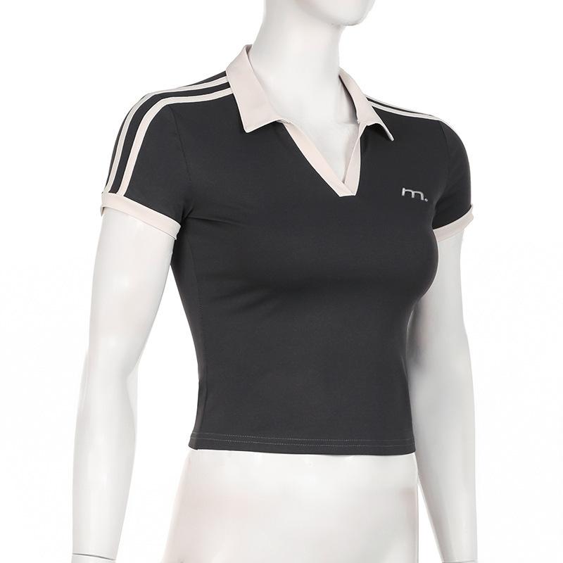 POLO collar T-shirt American spicy girl letter embroidery slim fit commuting contrasting color double bar casual versatile short sleeved top