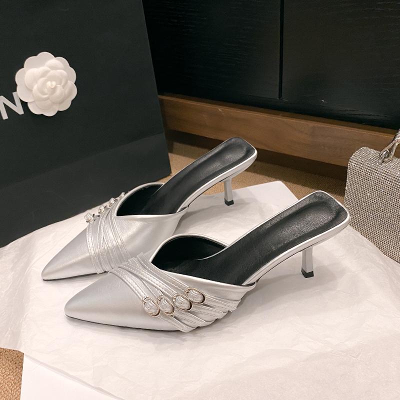 

мода Новые туфли на каблуках туфли-лодочки для женщин 2024 роскошная женская обувь мода пряжка острый нос каблук женские мюли слайды сандалии 42 серебряный