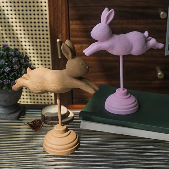 Wooden Bunny Figurine, Nordic Style Floating Running Rabbit Statue with Base for Desk, Bookshelf, TV Cabinet Home Decor