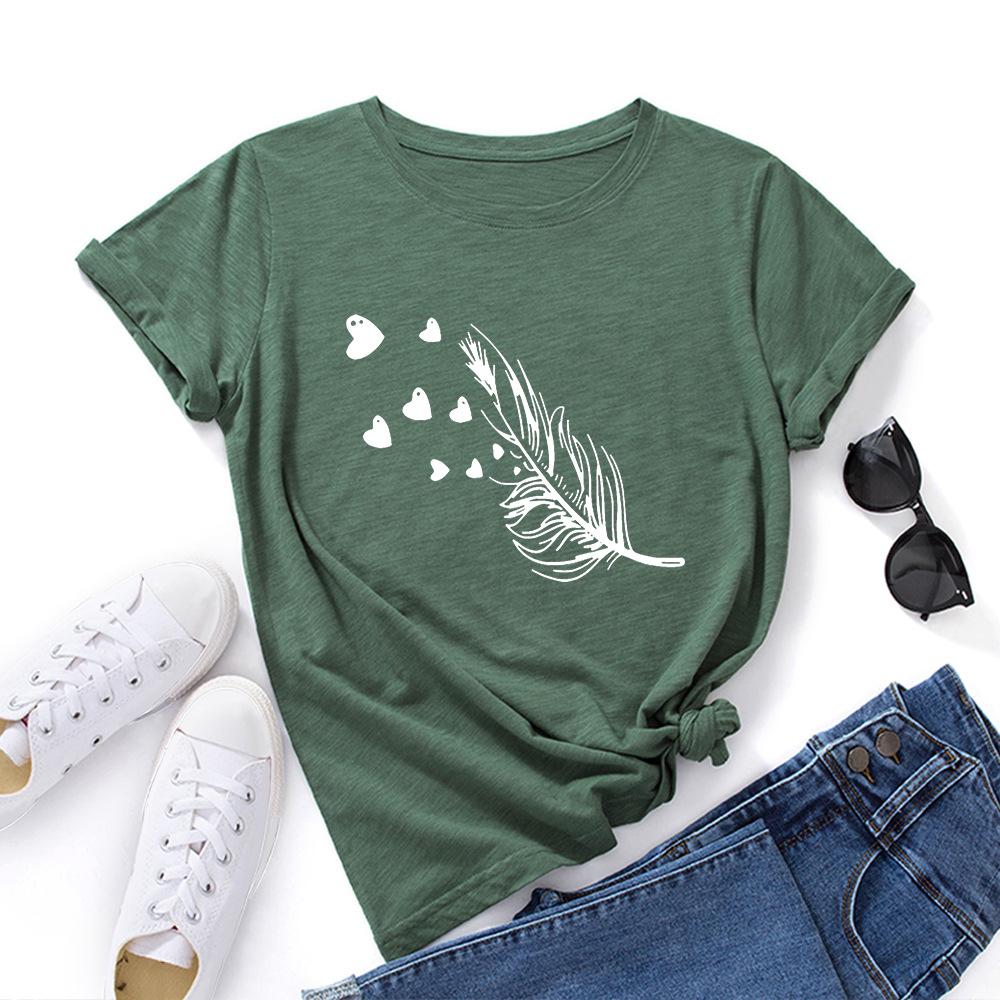 Cotton T-Shirt Short Sleeve Round Neck Women 2d Print Tops