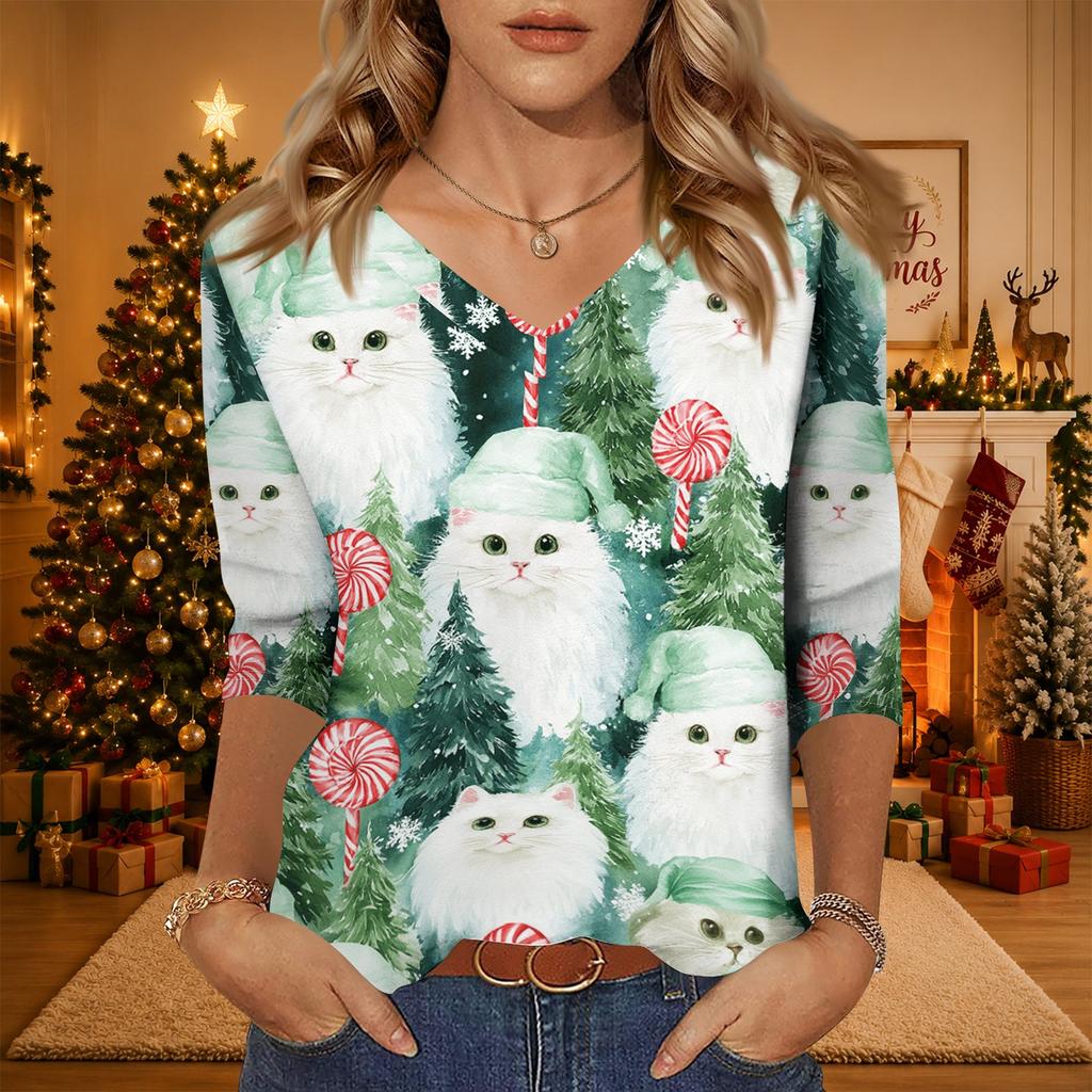 Women's Christmas Print V-Neck Three-Quarter Sleeve Casual Loose Fit Shirt