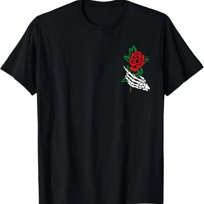 Weißes Skeletthandskelett hält eine rote Rose Tattoo Grafik T-Shirt