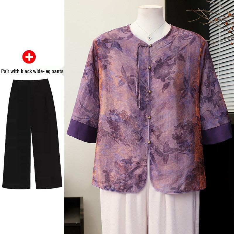 Elegant Summer Short-Sleeved Chiffon Blouse Set for Middle-Aged Women