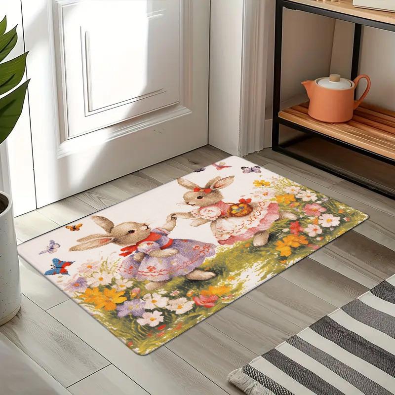 Soft and warm flannel Easter Bunny dance mat, non-slip machine washable floor mat