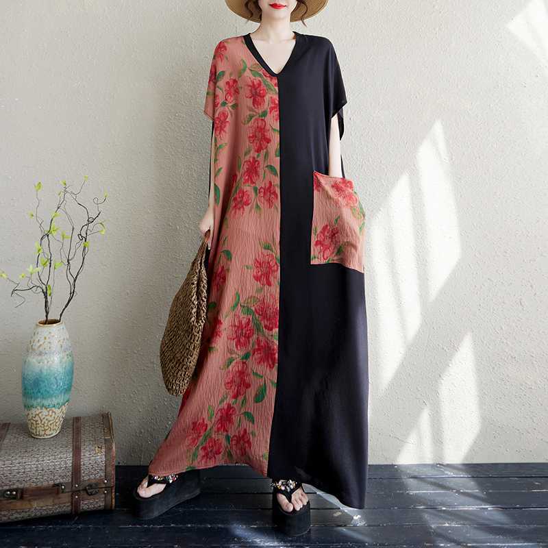 

Women s Retro Slimming Short Sleeved Color Blocked Dress One size