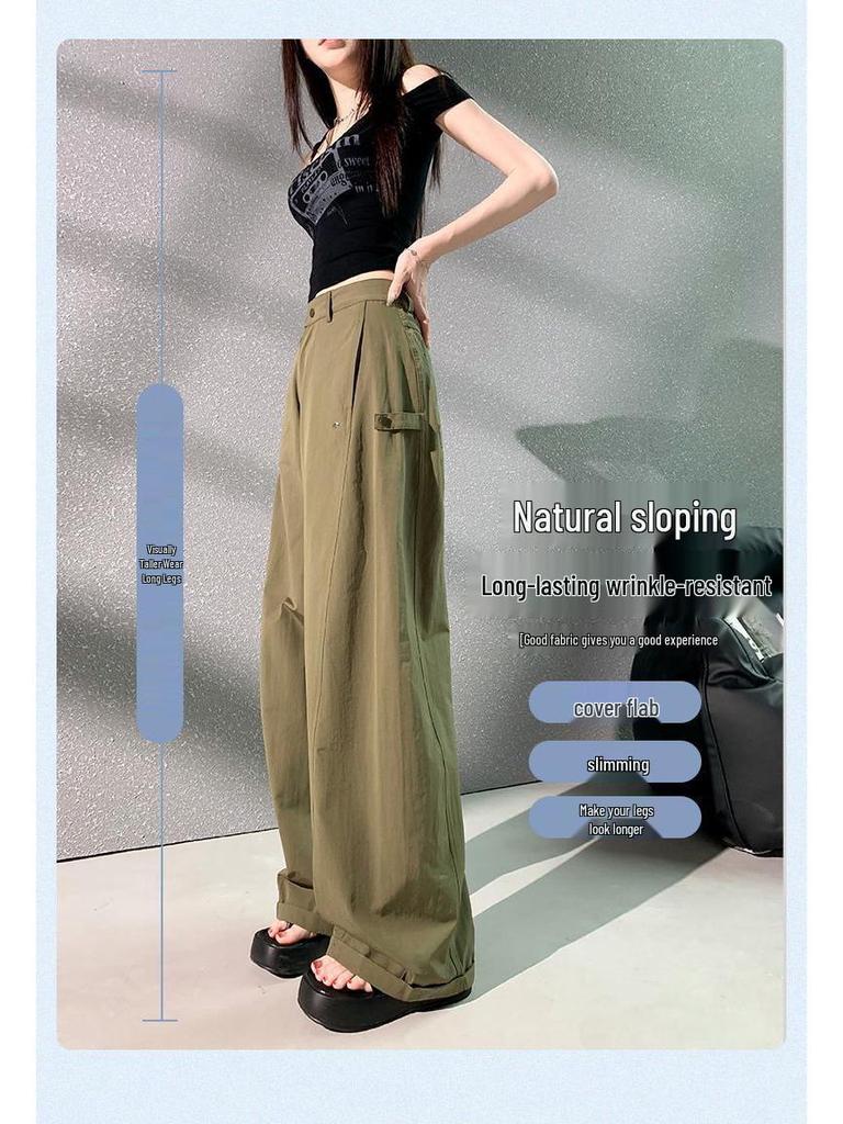 Women's American Style Green Wide-Leg Workwear Pants - Summer Loose Fit, Thin, Floor-Length, Casual 2026.