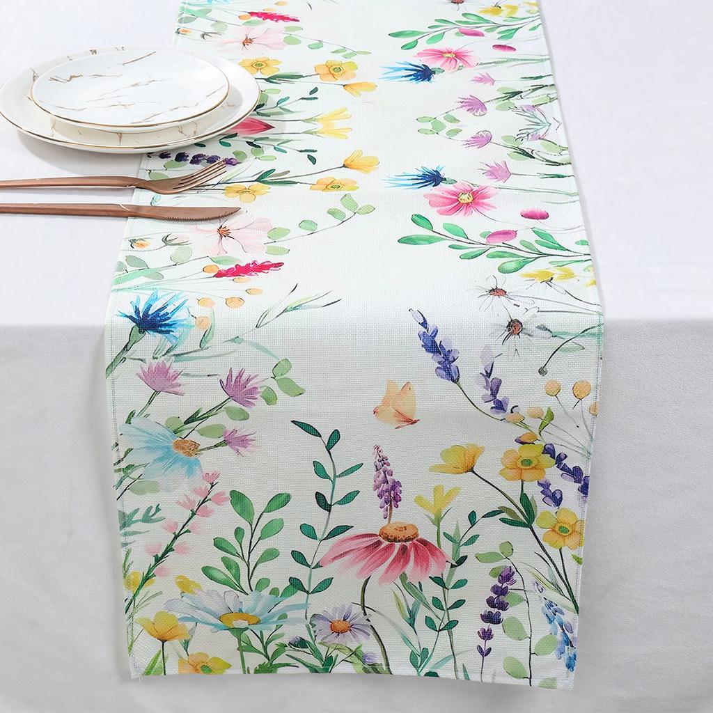 Daisy Eucalyptus Lavender Floral Leaves Summer Table Runner Spring Kitchen Dining Table Decoration for Home Party Decoration