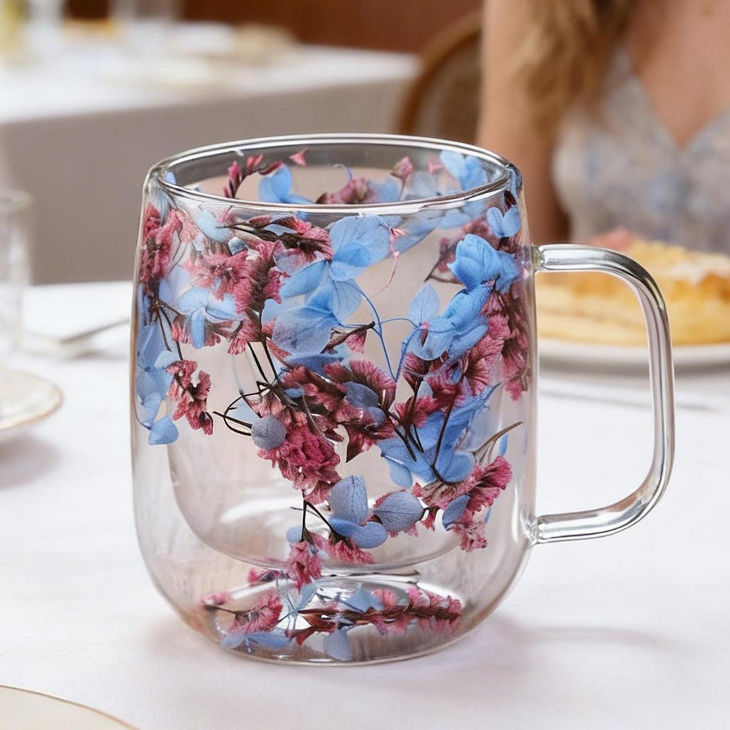 Taza de Flores Secas Doble Capa Vidrio de Borosilicato Alto Tazas de Café Tazas Divertidas Taza Inusual Vajilla para Café Vajilla para Té Vajilla para Bebidas Lujo