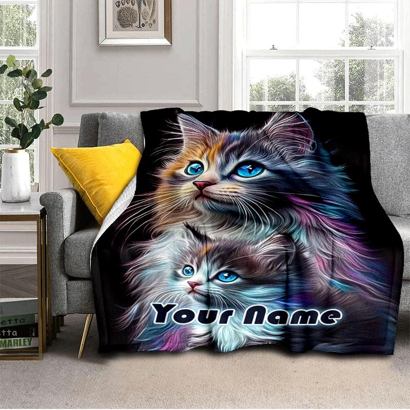 1PC Custom Name Colorful Kittens Friendship flannel blanket versatile,all-season throw suitable for the living room,bedroom,camping,travel,and gift