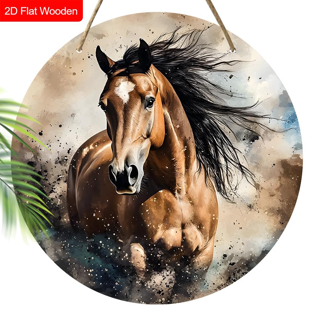 

Unique Wooden Sign with Horse Pattern - Charming Round Sign for Front Door, Wall Hanging Decor - Ideal Gift for Friend & Family коричневый