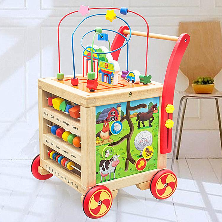 

Многофункциональная детская деревянная тележка, ходунки, игрушки, детские головоломки, упаковка, бусины, шкатулка с сокровищами для детей 7-18 месяцев