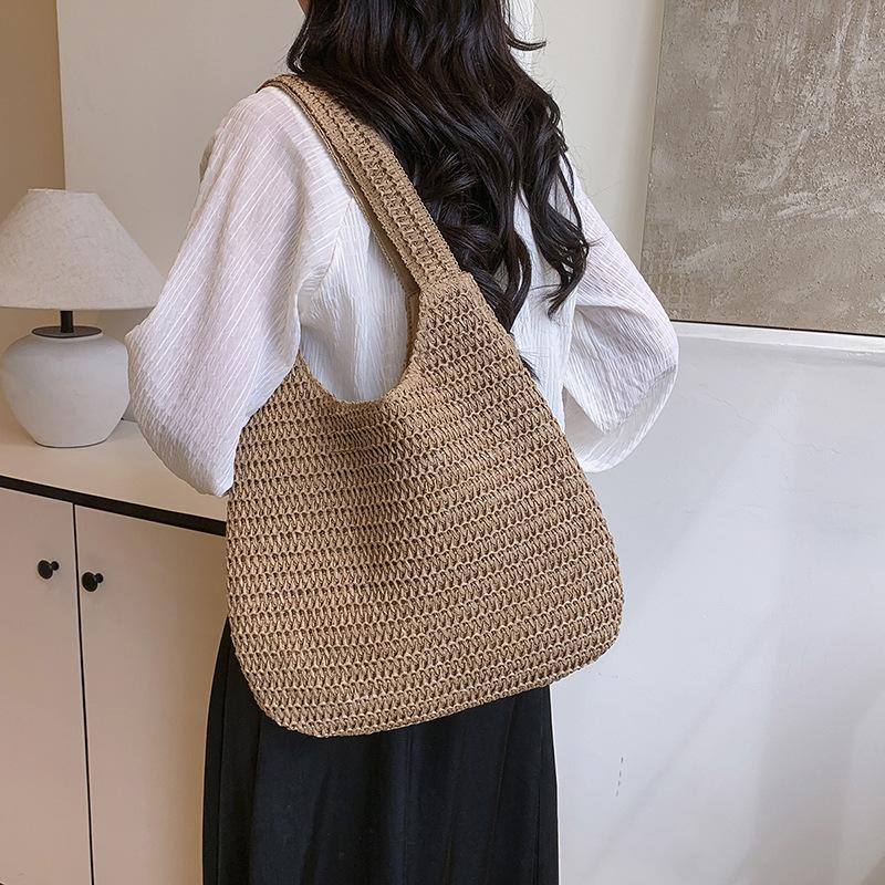 Solid Color Woven Tote Bag Hollow Out Breathable Shopping Straw Bag Lightweight Summer Beach Handbag For Women AVE