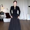 Elegant Plus Size Black Long Sleeve Chinese Style Curvy Dress with Waist-Cinched Bud Skirt - Autumn Collection