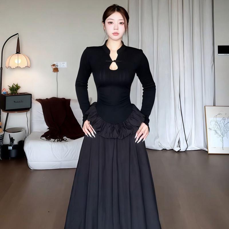 Elegant Plus Size Black Long Sleeve Chinese Style Curvy Dress with Waist-Cinched Bud Skirt - Autumn Collection
