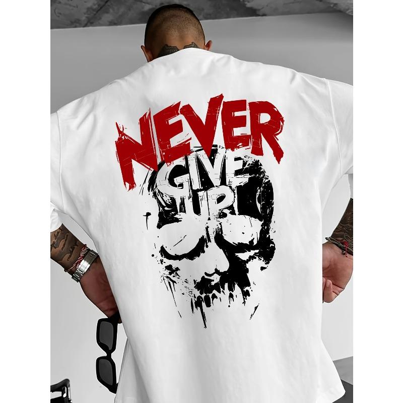 

European sizes Men s Gothic Street Style T-Shirt - Never Give Up Skull Print, Loose Casual Hip-Hop Fit, Breathable and Comfortable 4XL білий