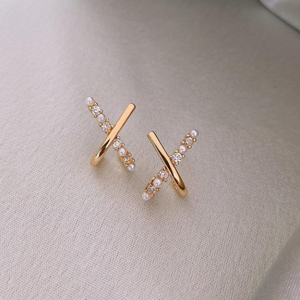 S925 Perlelinje Kubisk Kors Øredobber – Haniel – Fra Korea