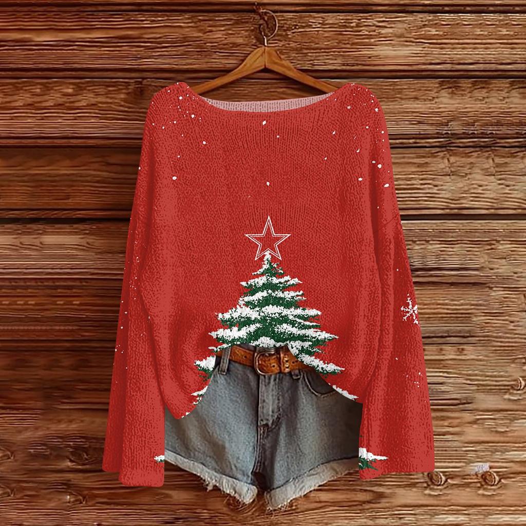 Women's Christmas Print Lightweight Sweater, Casual Long Sleeve Knit Pullover for Holiday