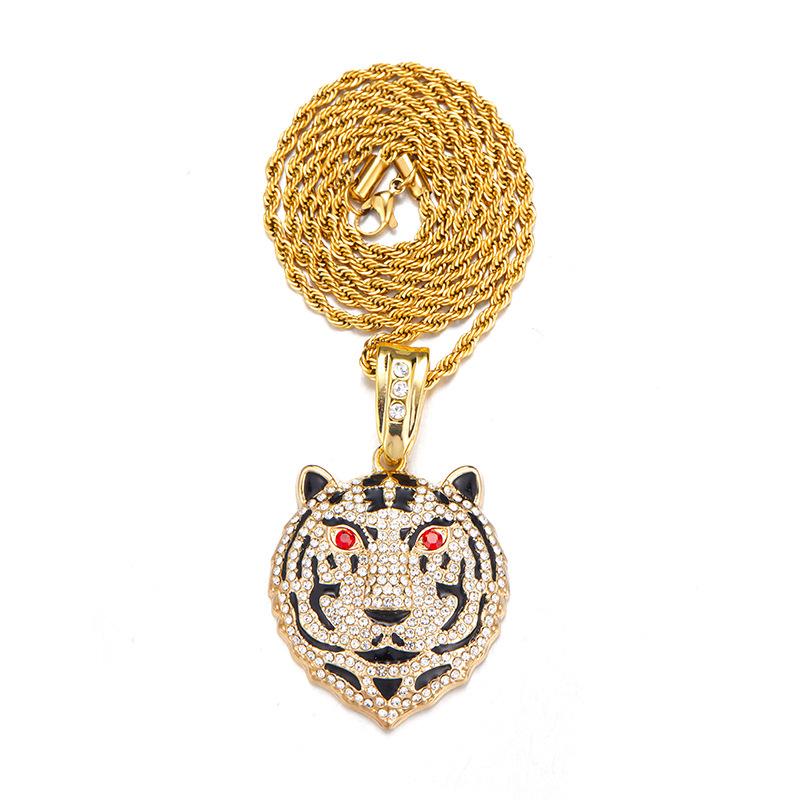 European & American Style Hip Hop Tiger Pendant with Full Diamond Cuban Link Necklace